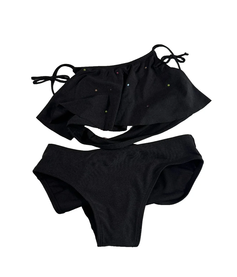 Cat & Jack Girls 2 Piece Bikini Swimsuit Set Skirted Top Size XL 14 Black NWT